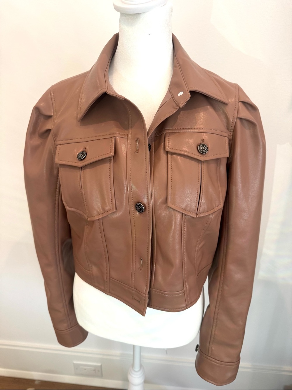 cinq a sept Tan Faux Leather cropped Jacket- size small -like new!